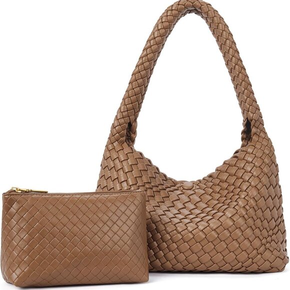 Woven Shoulder Bag for Women，Vegan Leather Purse Tote Handbag 2PS